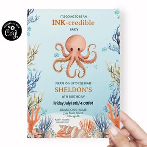 Convite de aniversário de polvo Ink-credible Ocean Party Invitation editável modelo sob o mar download digital convite de aniversário de animais marinhos