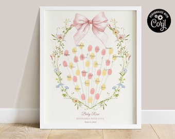 Floral Baby Shower Fingerprint Guest Book, Pink Bow Keepsake (Digital Download)