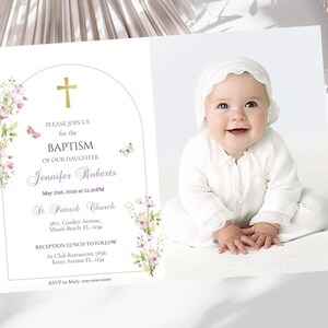 Invitation photo floral violet de baptême fille modèle de carte de baptême fleur mauve modifiable invitation religieuse de fleurs sauvages imprimable BFB-2