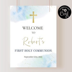 First Communion Sign, Editable Communion Welcome Sign, Boy First Communion Sign, Blue Watercolor Poster, Printable Communion Decor BWFC