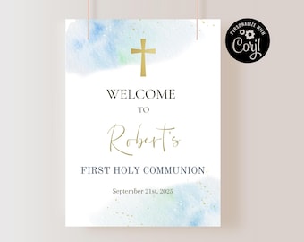 May include: A welcome sign for a First Holy Communion with a watercolour background in shades of blue and green. The sign says "Welcome to Robert's First Holy Communion September 21st, 2025".