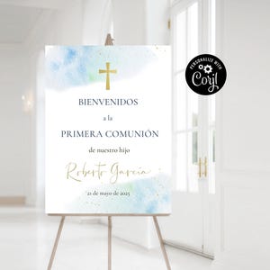 Spaanse welkomstbord eerste communie bewerkbaar, moderne welkomstposter communie in het Spaans, kartel Bienvenida Primera Comunión BWFCE