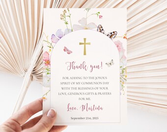 May include: A thank you card with a floral design and a gold cross. The text reads "Thank you!" and "For adding to the joyous spirit of my communion day with the blessings of your love, generous gifts & prayers for me. Love, Martina September 21st, 2025".