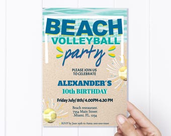 Editable Beach Volleyball Birthday Invitation, Kids Summer Sports Party Template
