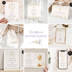 Lot d'invitations de baptême de fleurs sauvages, ensemble de fleurs délicates modifiable, kit d'invitation de baptême imprimable, cadeau de baptême élégant ICB