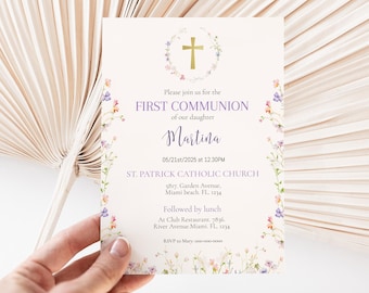 Wildflower First Communion Invitation Template: Editable Floral Invite (PDF)