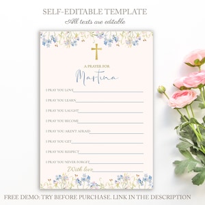 Bloemen aquarel doopgebed kaartsjabloon, wilde bloemen gebeden voor baby kaart afdrukbaar, doopwensen spel, religieuze gebeden BICB