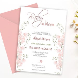 Invitación para baby shower con diseño de bebé en flor, tarjeta imprimible con temática de jardín romántico, para niña con flores rosas, BBS-01