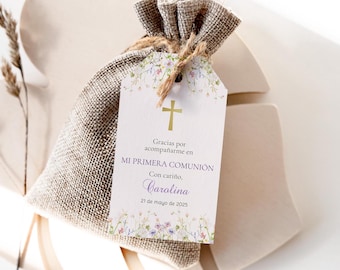 Wildflower First Communion favor tags template, etiqueta Recuerdo Mi Primera Comunión, Spanish First Communion label printable  ICFC-5E
