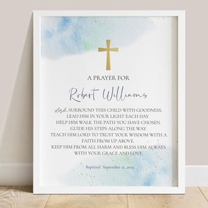 Blue watercolor Christening prayer sign template, editable Gold and blue baptism prayer sign, blue baptism sign 8x10&quot; for boy printable  BWB