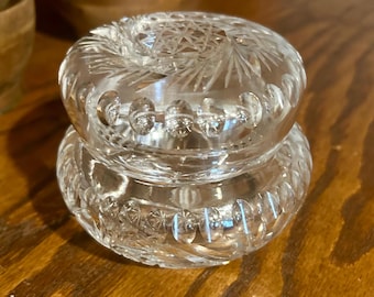 Vintage Cut Crystal Vanity Powder Jar with Pinwheel Star Design and Thumbprint Accents
