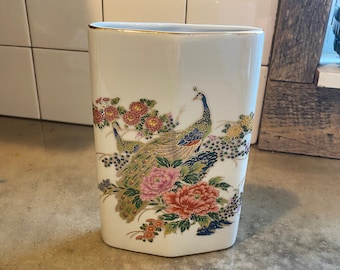 Vintage Japanese Rhombus Vase- Gold Inlay- Floral Peacocks- 7 Inches