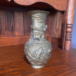 Antique Solid Brass Chinese Dragon Vase, Signed- Three Dimensional Dragon Vase 9 3/8&quot;