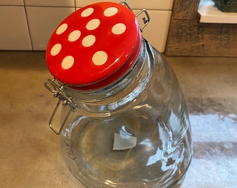 Vintage Slope Bent Glass and Ceramic Canister- 9 1/4&quot;- Handmade Glass Canister with Red White Polka Dot Ceramic Lid with Metal Bail