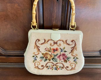 Vintage Mid-Century Floral Needlepoint Tapestry Top Handle (Wood) Purse Handbag- 9 1/4 x 10 3/4"