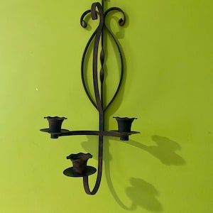 Vintage Wrought Iron Wall Mount Three Arm Candelabra, Natural Patina 16 3/4&quot;