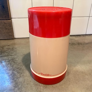 Vintage Aladdin Wide Mouth Pint Vacuum Thermos- Beige and Red Retro Soup or Drink Thermos- No. 240 44 040A