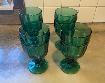 Set of 4 Vintage Juniper Green Libbey Duratuff Footed Tea Goblets Glasses