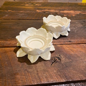 Two Vintage Partylite Magnolia Ceramic Candle Holders- Bisque and Gold