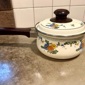 May include: A cream-coloured enamel saucepan with a matching lid, featuring a floral pattern in blue, orange, and green. The pot has a dark brown handle and a matching dark brown knob on the lid, with a silver-toned metal rim around the top edge.