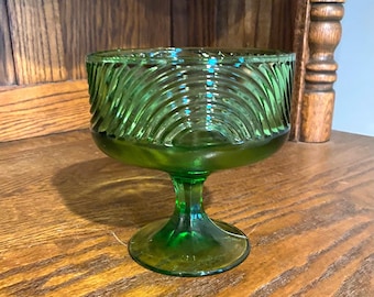 Vintage E.O. Brody Co. Green Pressed Glass Pedestal Compote Candy Dish Centerpiece Planter 138- Curves Design