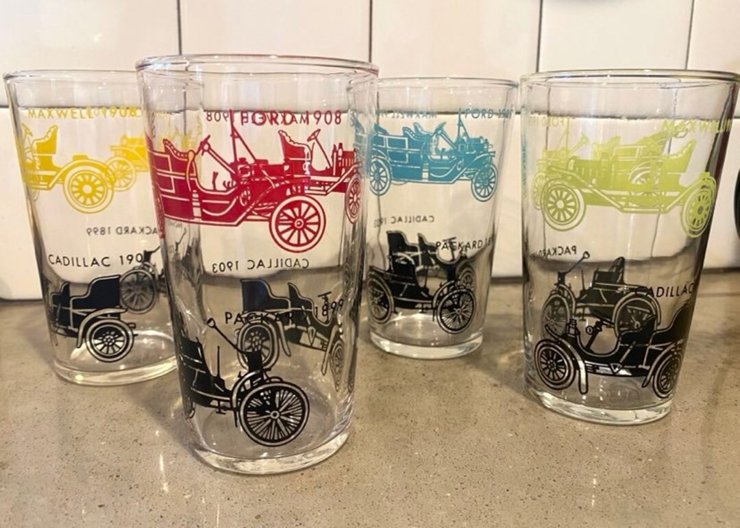 Vintage Hazel Atlas Barware Featuring Antique Cars Set of 4 Etsy