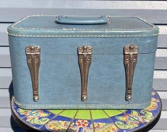 Mid-century Blue Monarch Train Case- Vintage Hard Shell