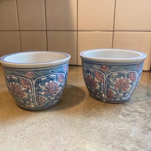 May include: Two blue and white ceramic planter pots with pink floral designs. The pots are round and have a wide opening.