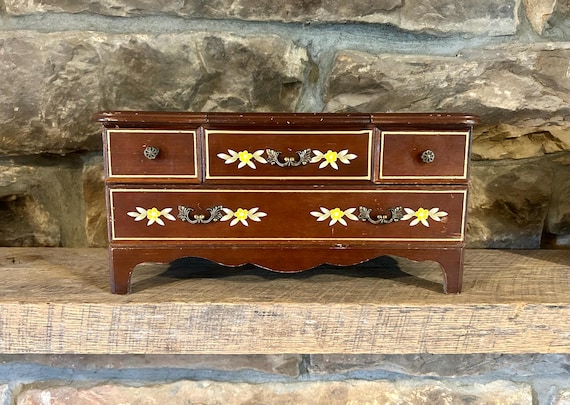Vintage Floral Painted Wood Jewelry Box with Flip Top Mirror and Ring Holders and 3 Drawers- 13.5 x 6.5 Inches
