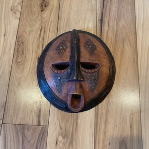 Vintage Hand-Carved African Mask- Wood and Metal- Handcrafted in Ghana