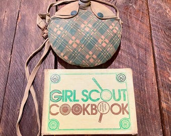 Vintage Girl Scouts of America Collectibles- 1971 Hardcover Girl Scout Cookbook or Metal Canteen with Plaid Cover and Strap
