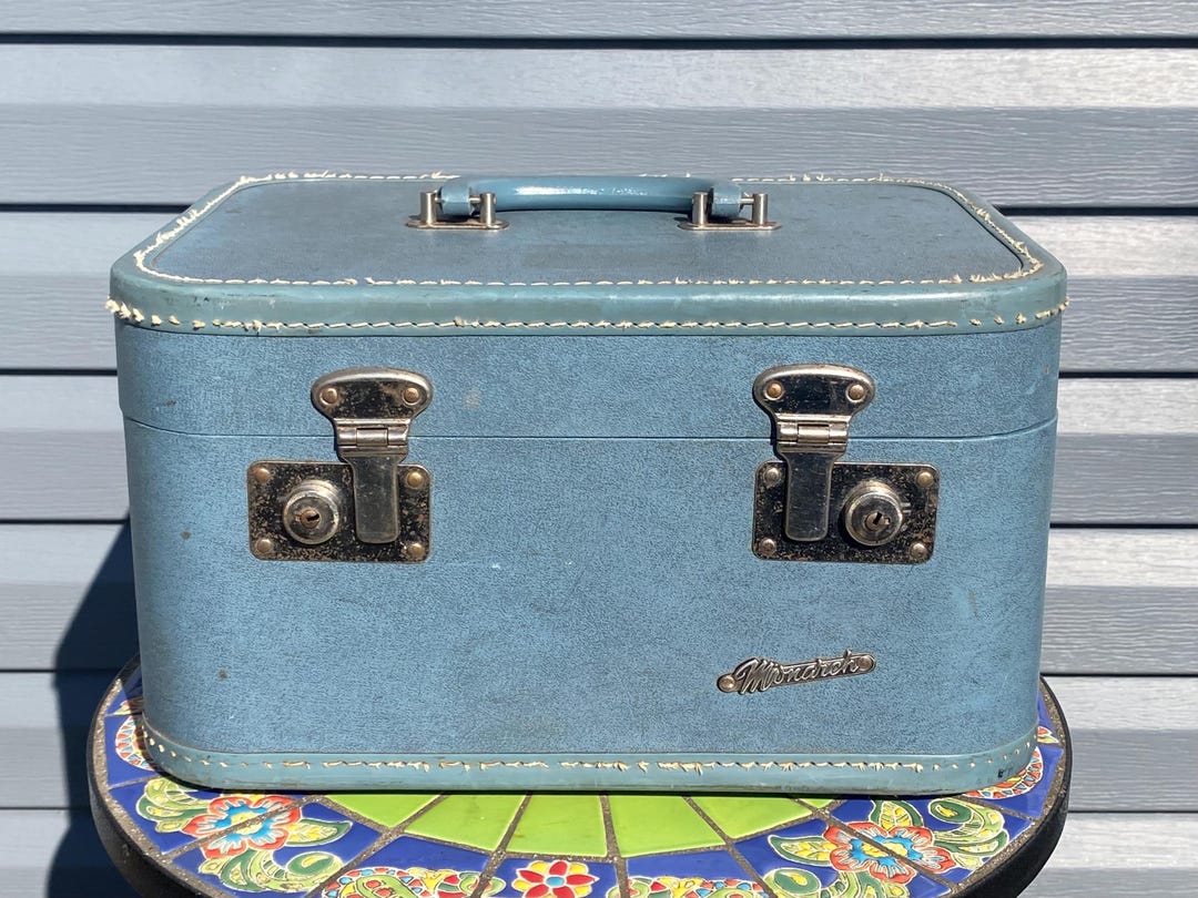 Mid-century Blue Monarch Train Case- Vintage Hard Shell Luggage