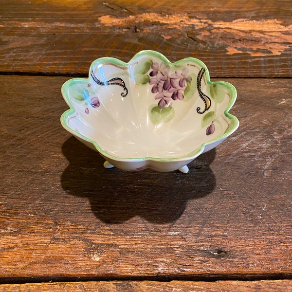 Vintage Nippon Footed Dish- Scalloped Green and Lavender Footed Bowl