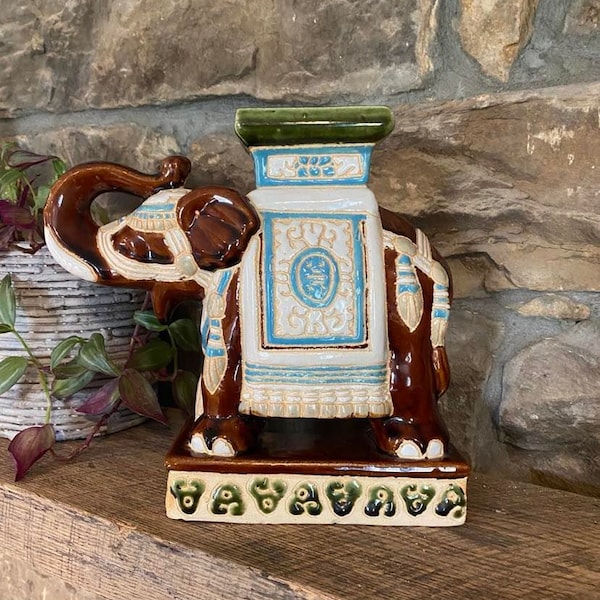 Vintage 1960s-1970s Vietnamese Ceramic Elephant Plant Stand- Brown Blue & Green- Medium size, 9 inches tall