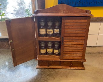 Vintage 12 Jar Wooden Spice Cabinet Spice Rack with Drawers and 12 Glass Apothecary Spice Jars Bottles- Countertop or Wall Mount Spice Rack