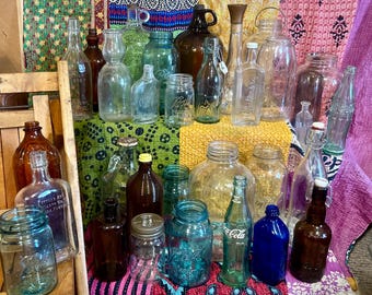 Vintage and Antique Glass Bottles, Jars, Jugs and Decanters- Brown Blue Green Cobalt Clear Glass- Upcycled Vintage Home Decor