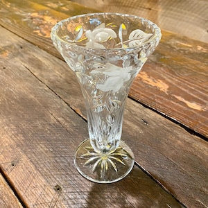 Vintage Bleikristal Etched Glass Crystal Vase- Roses and Leaves- 7 Inches