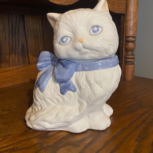 Vintage Ceramic Cookie Jar- Cat with Light Blue Ribbon- 12"