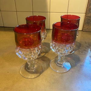 Set of 4 Vintage King&#39;s Crown Ruby Flash Thumbprint Wine Glasses- 5 3/4&quot;