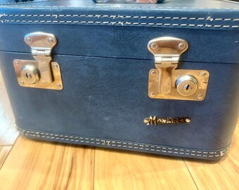Mid-century Blue Monarch Train Case- Vintage Hard Shell Luggage