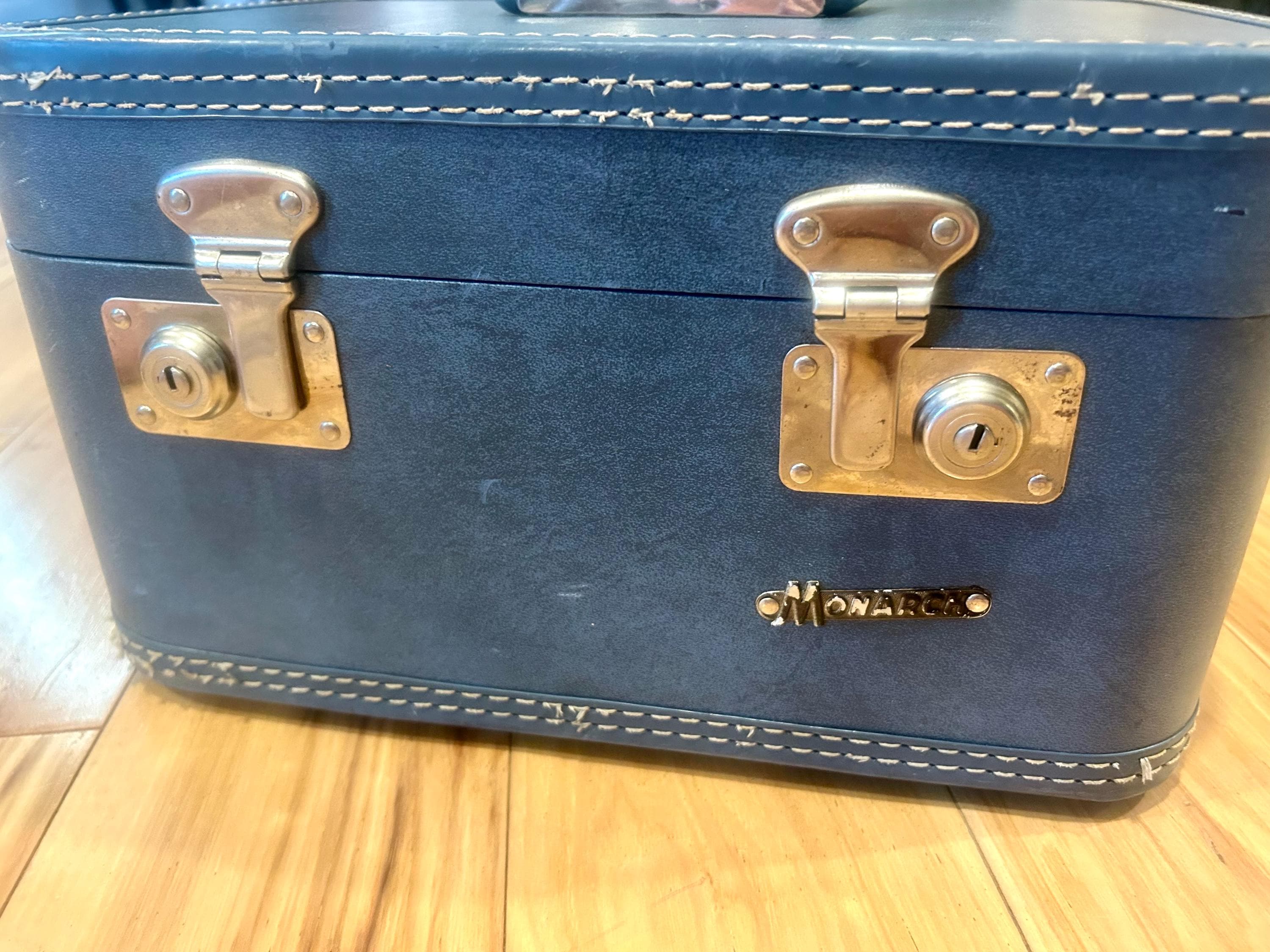 Mid-century Blue Monarch Train Case- Vintage Hard Shell Luggage