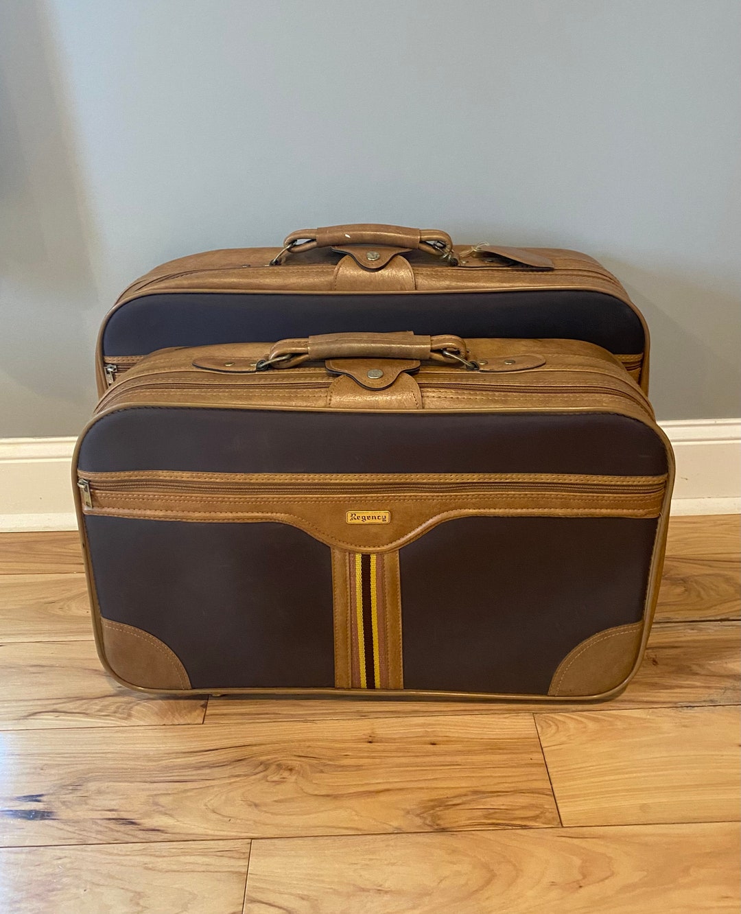 Vintage Soft Shell Two-tone Brown Striped Faux Leather Suitcases