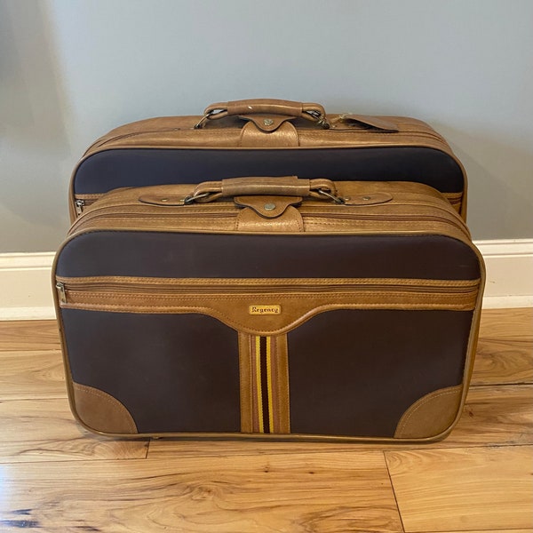 Vintage Soft Shell Two-Tone Brown Striped Faux Leather Suitcases- Regency- 24" and 21 1/2"