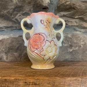 Small Vintage Lusterware Floral Vase (421)- Made in Brazil- Pearlescent Pink Yellow and Green Flowers- 5 Inches