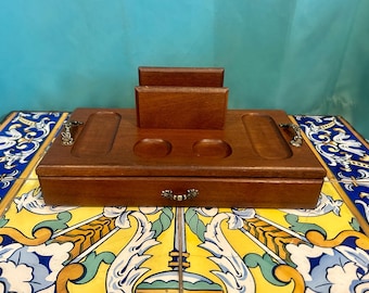 Vintage Wood Valet Dresser Top Jewelry Box Mail Document Organizer with One Drawer