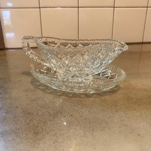 Small Vintage Cut Glass Sauce Boat Jug with Underplate- Quilted Diamond Pattern- 6&quot;