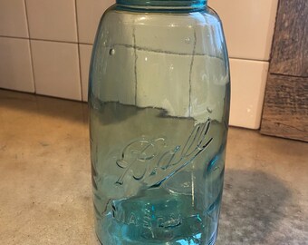Antique 1910-1923 Large Half Gallon Blue Glass Ball Mason Canning Jar with Zinc Milk Glass Lid- Soft Shoulder Ball Jar #3E