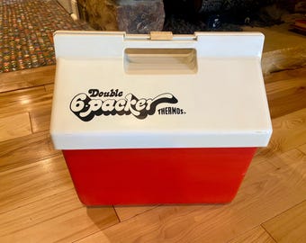 Vintage Thermos Double 6-Packer Cooler- Retro 70s 80s Red and White Cooler- 12 Quart Thermos Model 7714 12-Pack Drink Cooler- 14x13x11"