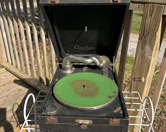 Working Antique 1920s Portable Wind-Up Phonograph Turntable Record Player with Extra Needles- Cecilian Montgomery Ward Vintage Phonograph