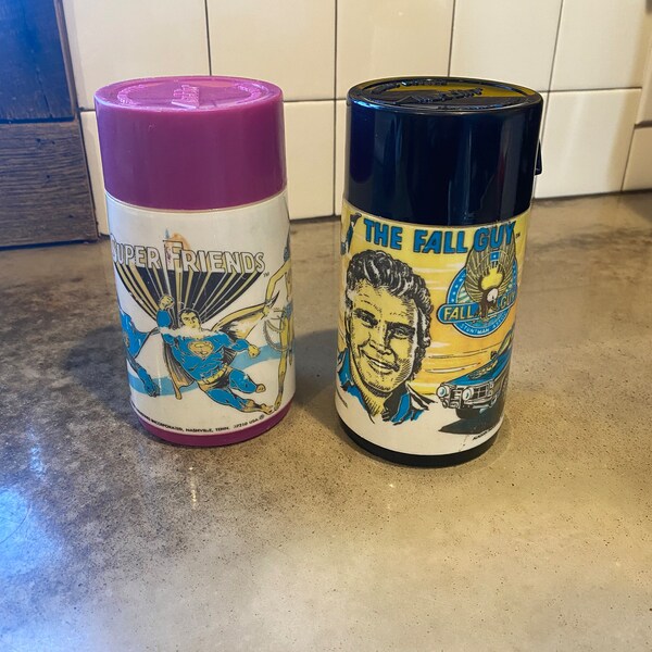 Vintage Super Friends or The Fall Guy Lunchbox Thermos- 1970s Aladdin Thermos- Superman Wonder Woman Batman Thermos